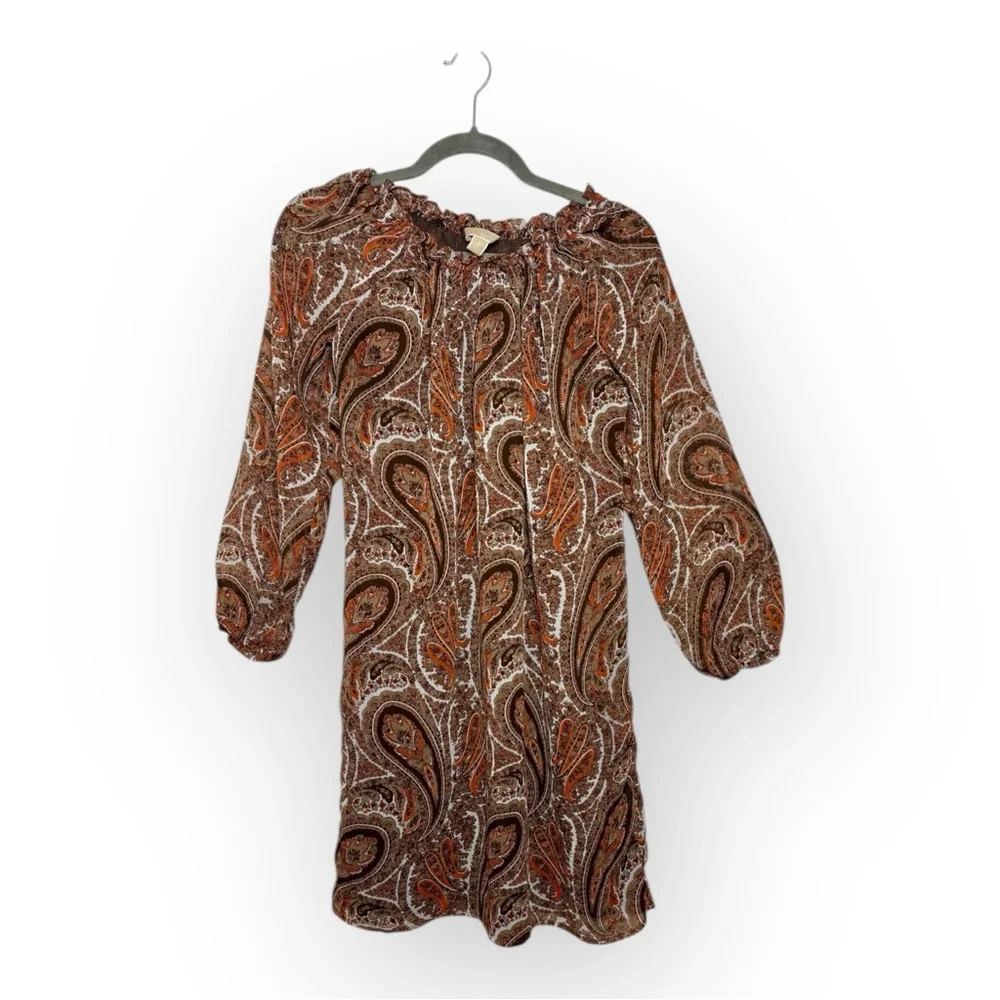 Michael Michael Kors Brown Paisley Boho Long Sleeve Shift Dress Small
